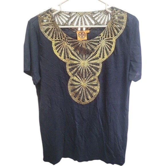 Tory‎ Burch Womens Blue 100% Linen Gold Sequence Scoop Neck Blouse Sz M - Picture 1 of 7